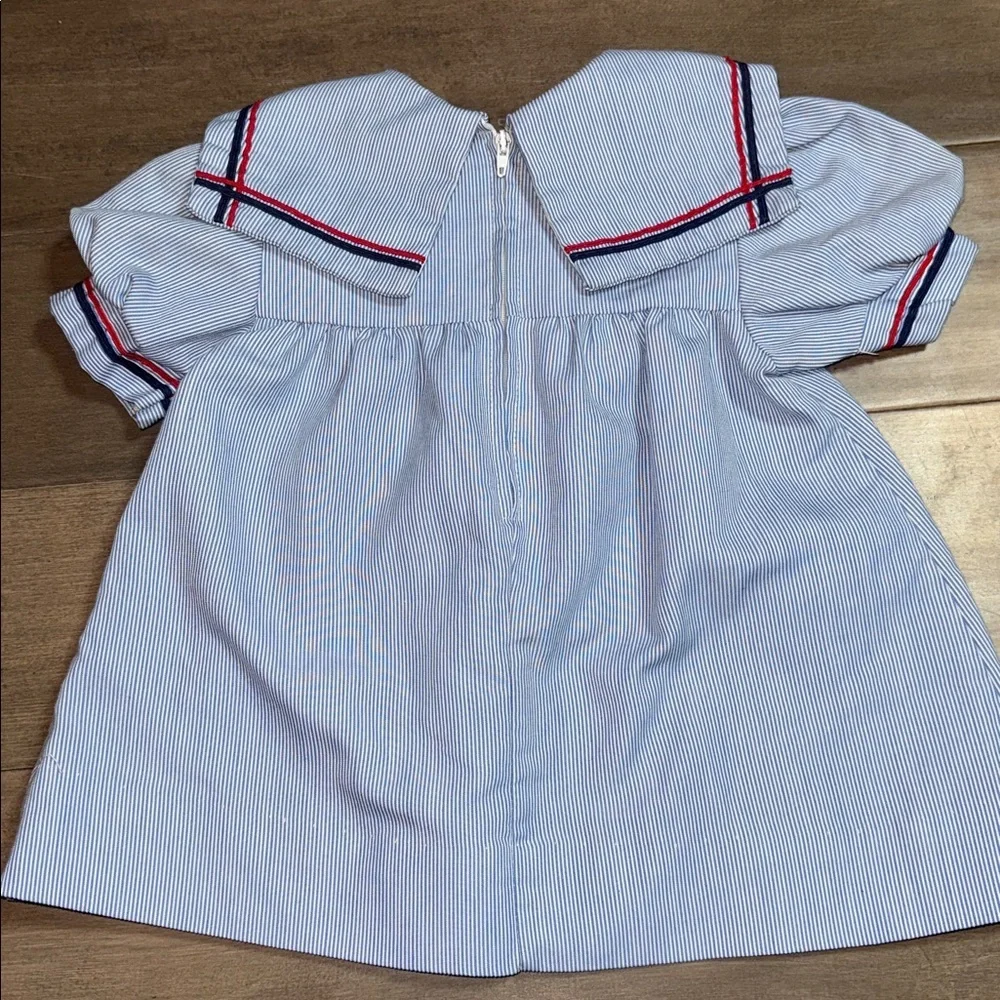 Vintage Blue White Pinstripe Sailor Dress Nautical Puff Sleeve SZ 2T
